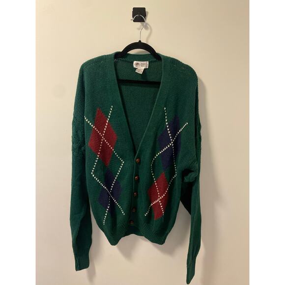 Vintage Pebble Beach Structure Heavy Knit Cardigan Green Argyle Print Size L - Picture 1 of 10